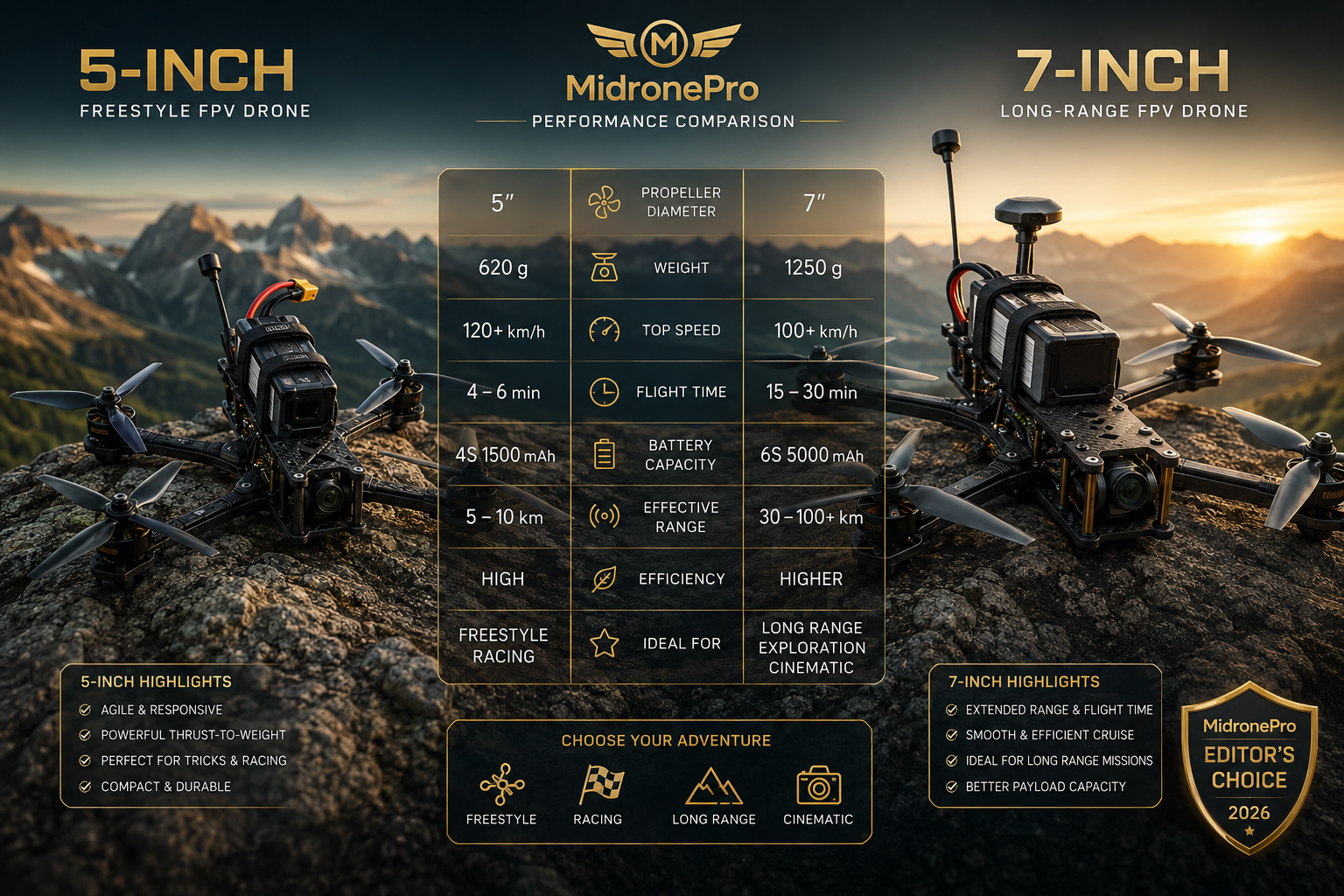 5-inch and 7-inch FPV drones compared for freestyle racing cinematic and long-range flying