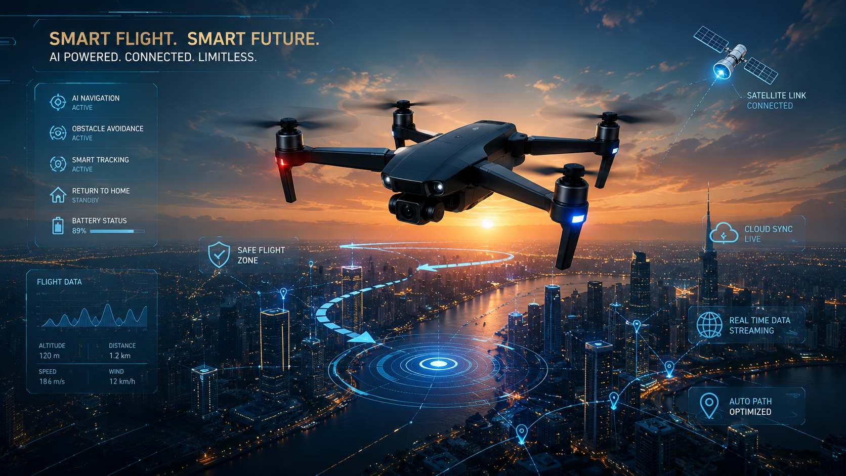 A futuristic drone flying above a smart city at sunset with AI-inspired holographic interfaces, autonomous flight paths, satellite connections, and cinematic lighting.