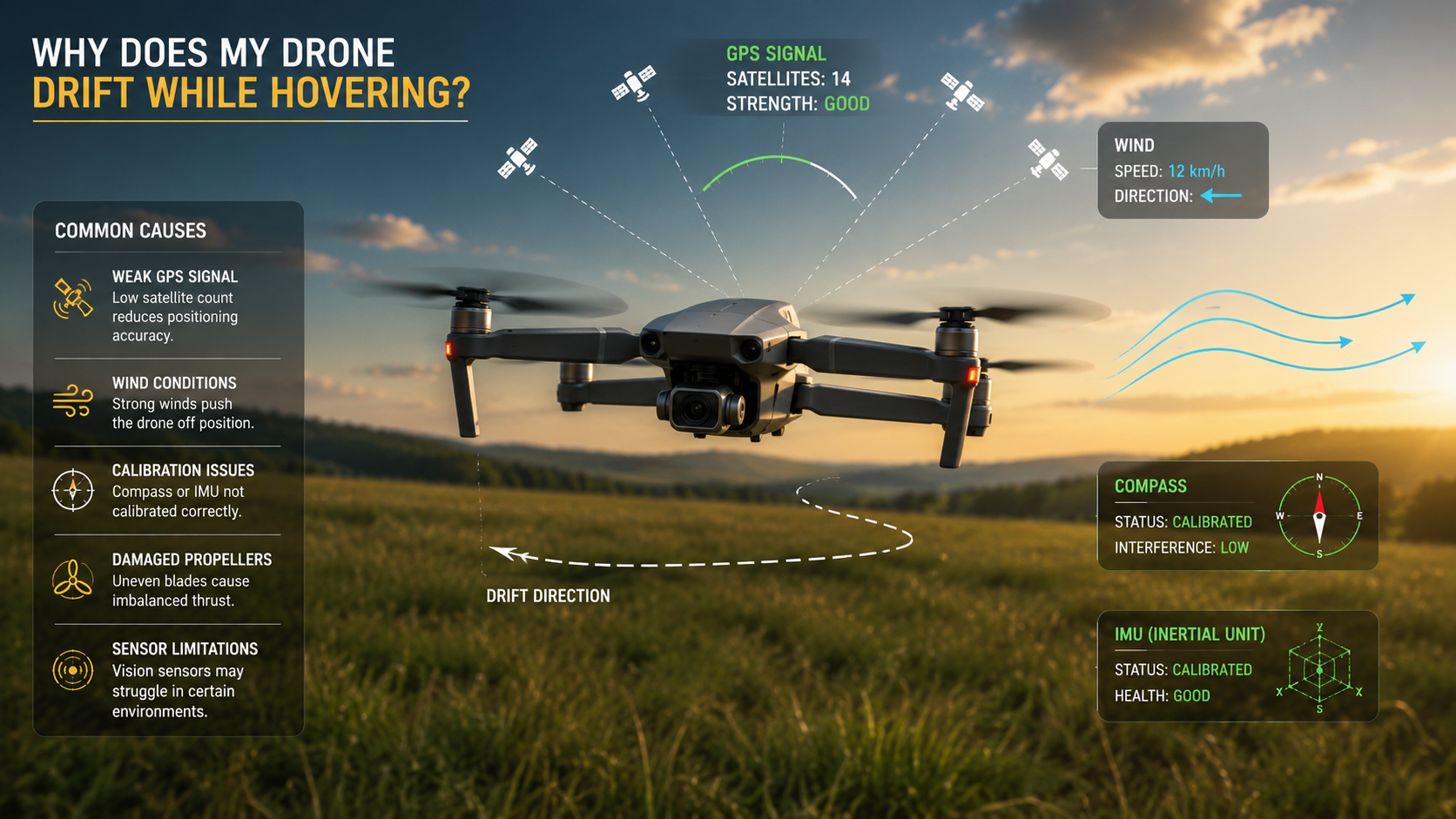 Camera drone drifting while hovering because of GPS and environmental factors.