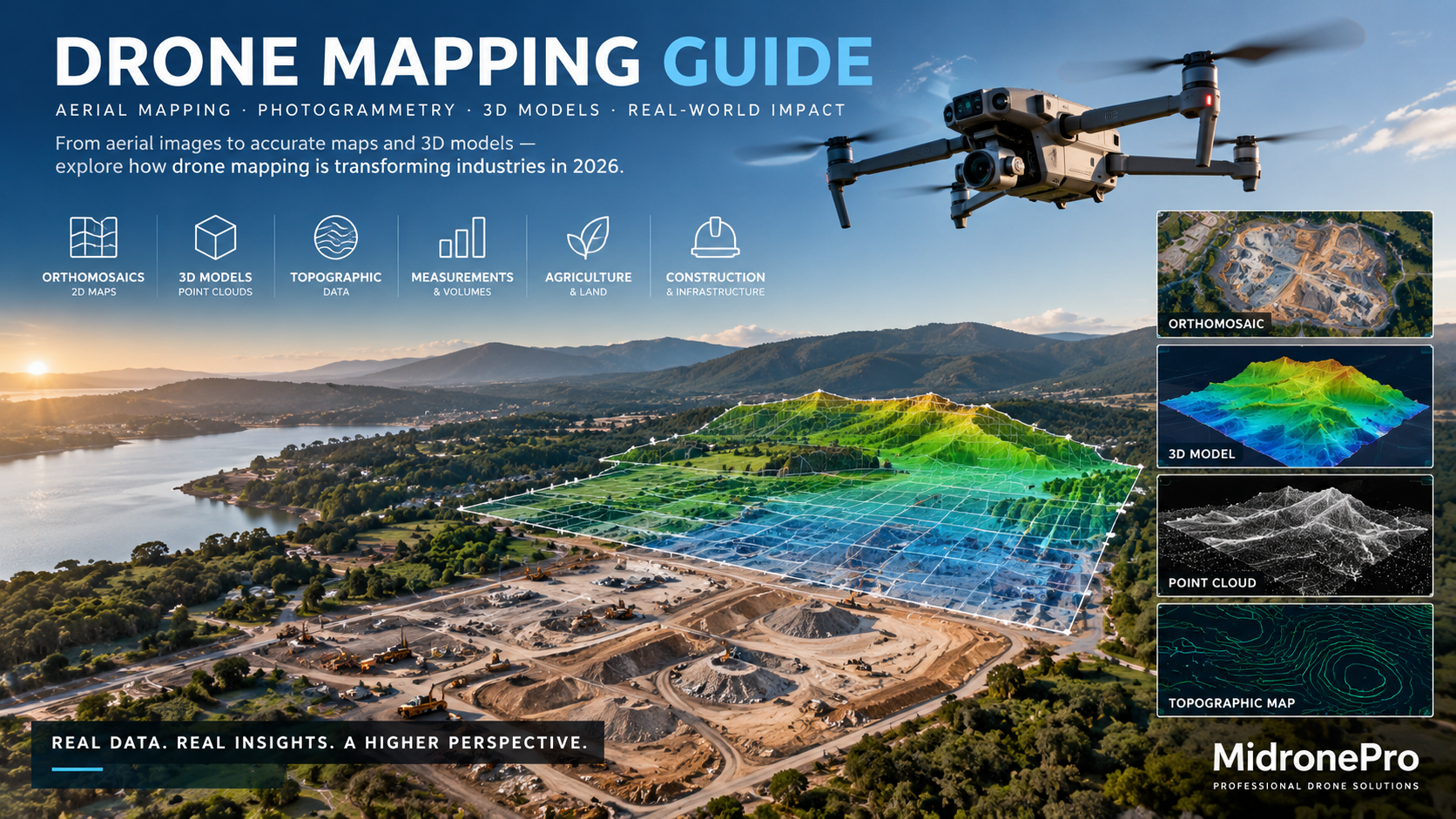Drone mapping a landscape with aerial survey and geospatial mapping data
