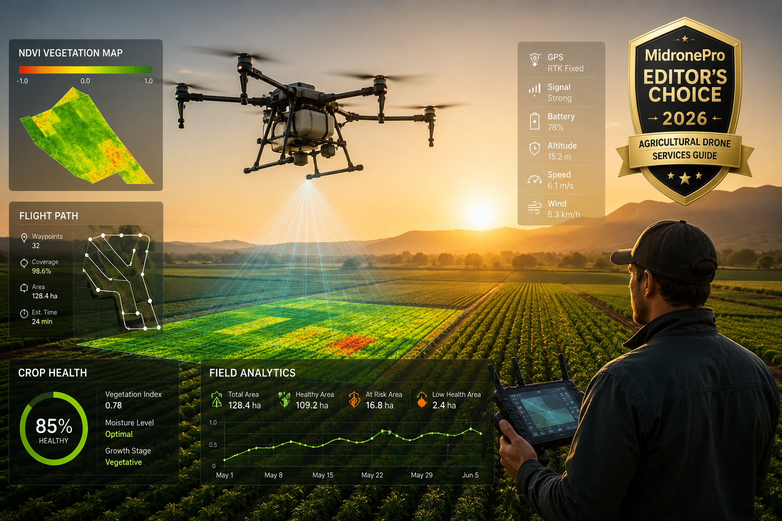 Professional agricultural drone flying over healthy crop fields during sunrise