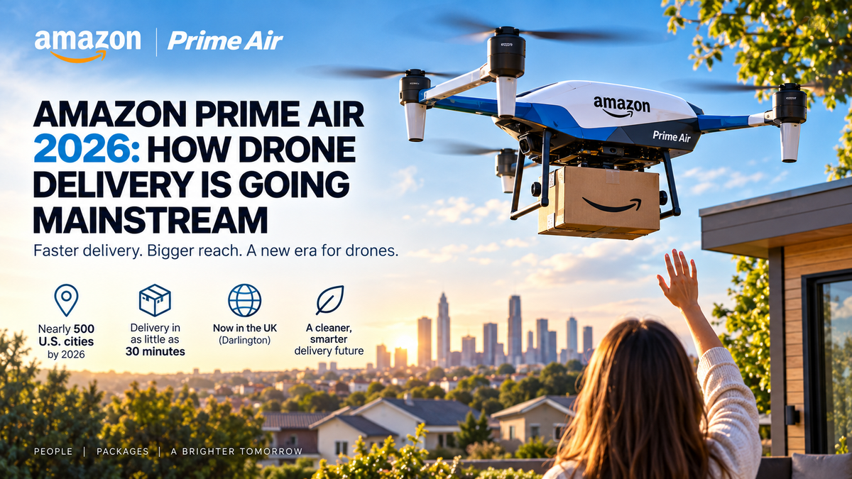 Alt text: Amazon Prime Air autonomous delivery drone flying over a suburban neighborhood in 2026