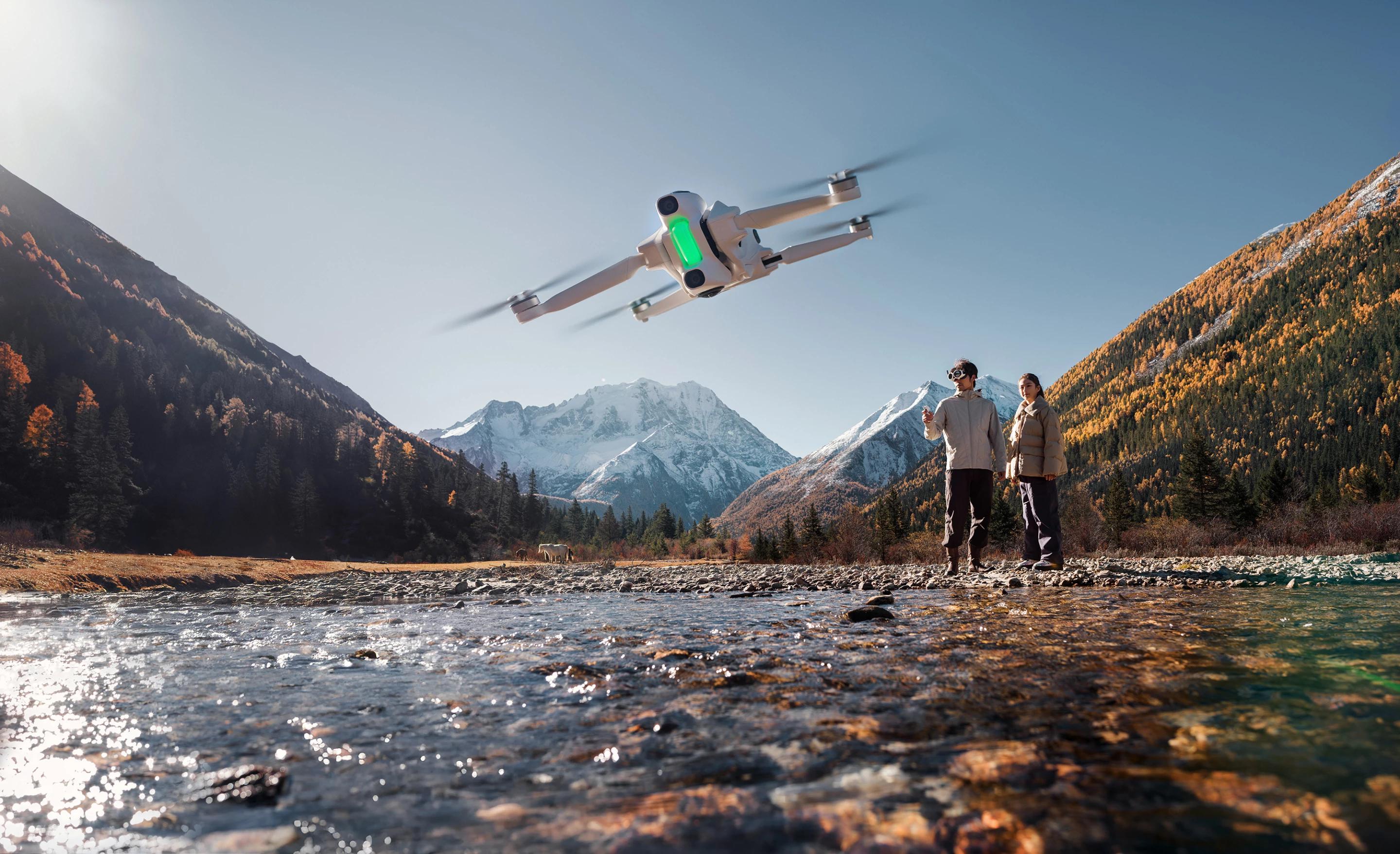 Antigravity A1 360 drone flying over an alpine landscape
