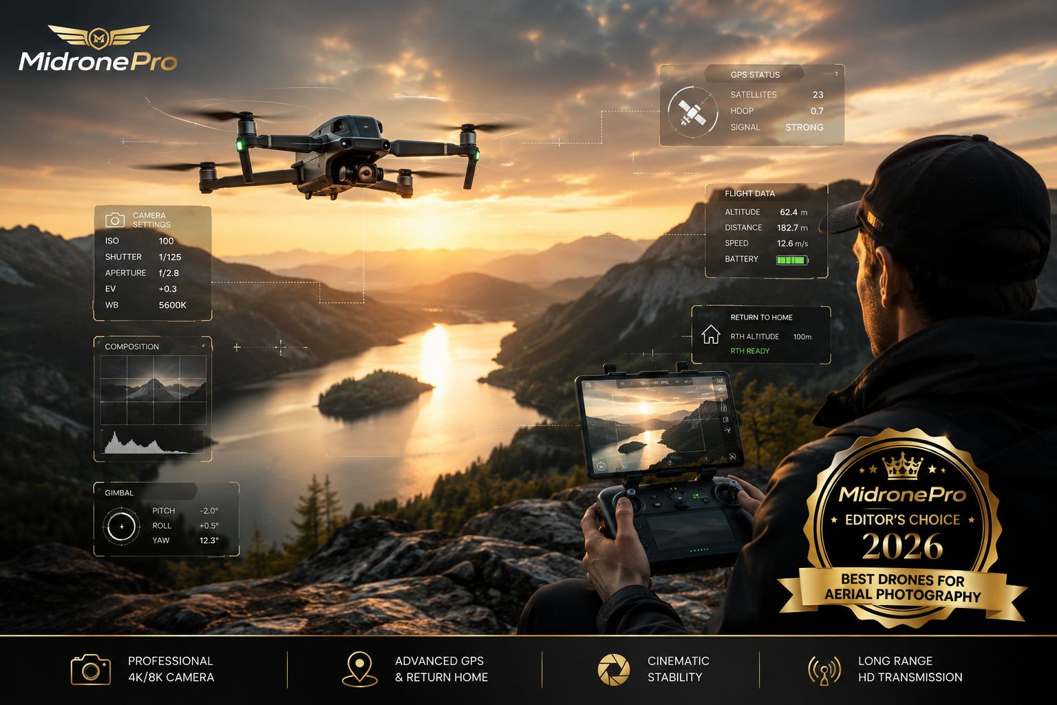 Professional camera drone photographing a mountain landscape during golden hour