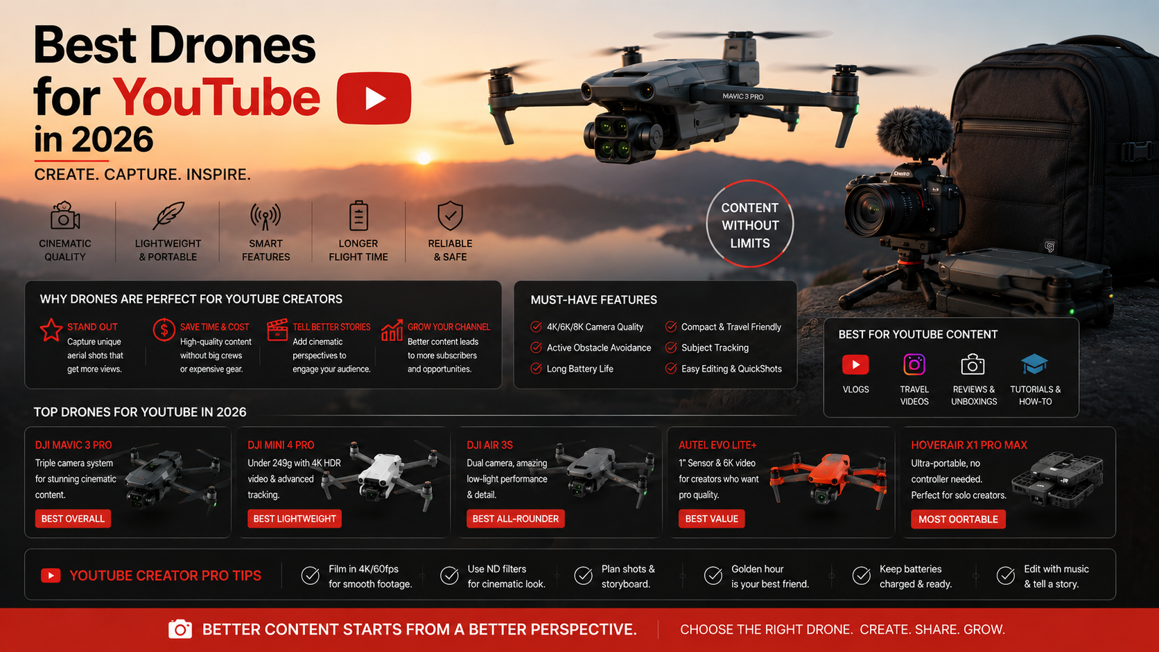 YouTube creator filming cinematic aerial footage with a camera drone