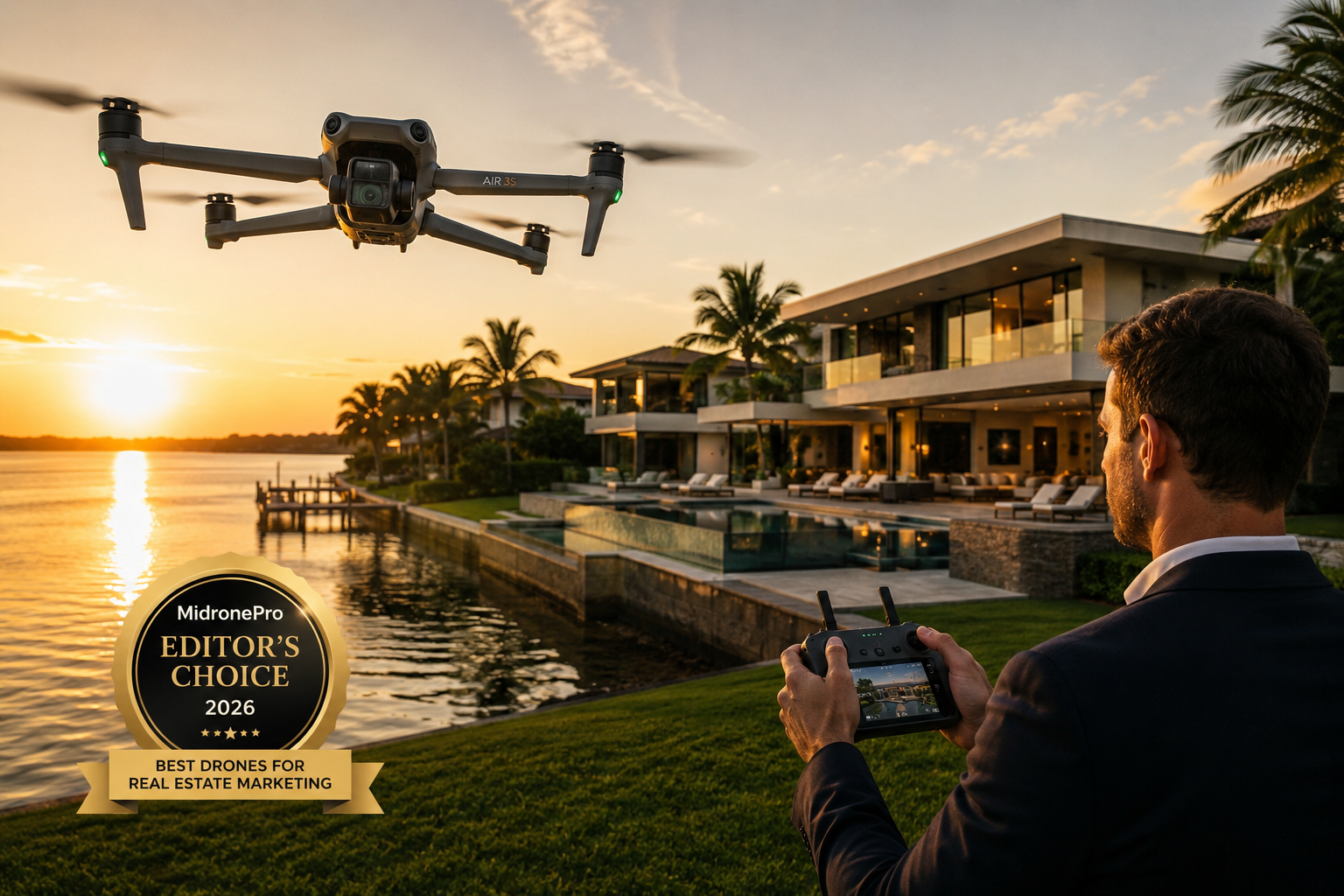 Professional drone photographing a luxury waterfront property during golden hour