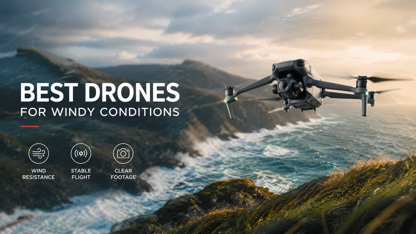 Best drones for windy conditions in 2026 flying over a dramatic landscape
