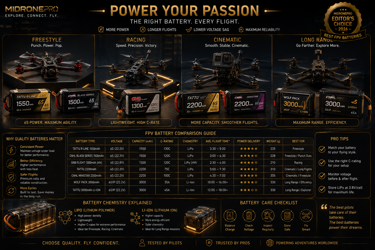 Premium collection of FPV LiPo and Li-Ion batteries arranged beside freestyle, racing, and long-range FPV drones