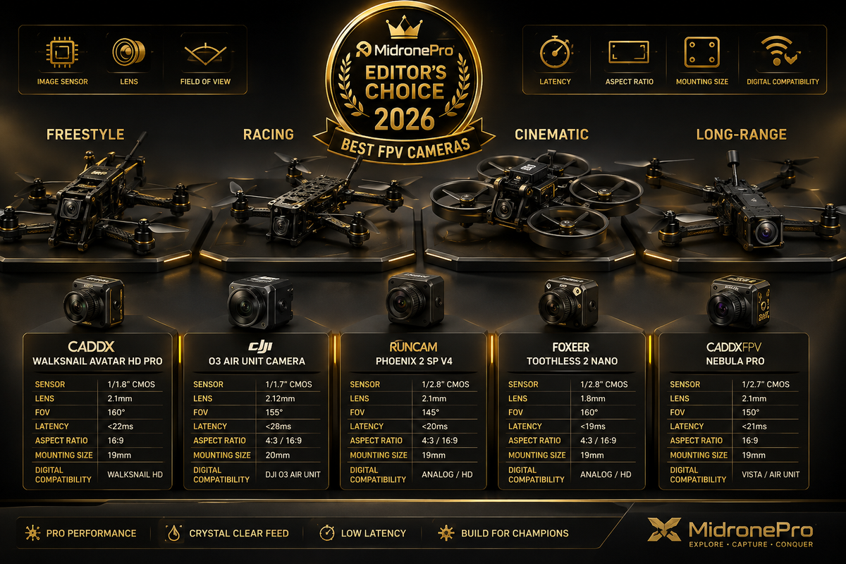 Premium collection of analog and digital FPV cameras displayed beside freestyle and cinematic drones