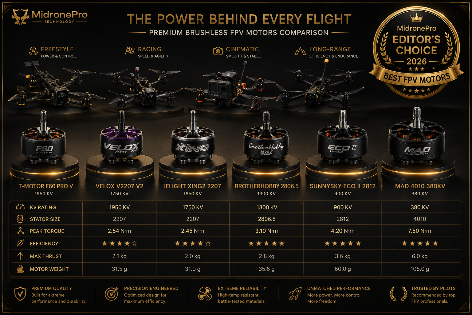 Premium collection of brushless FPV motors beside freestyle, racing, and long-range drones