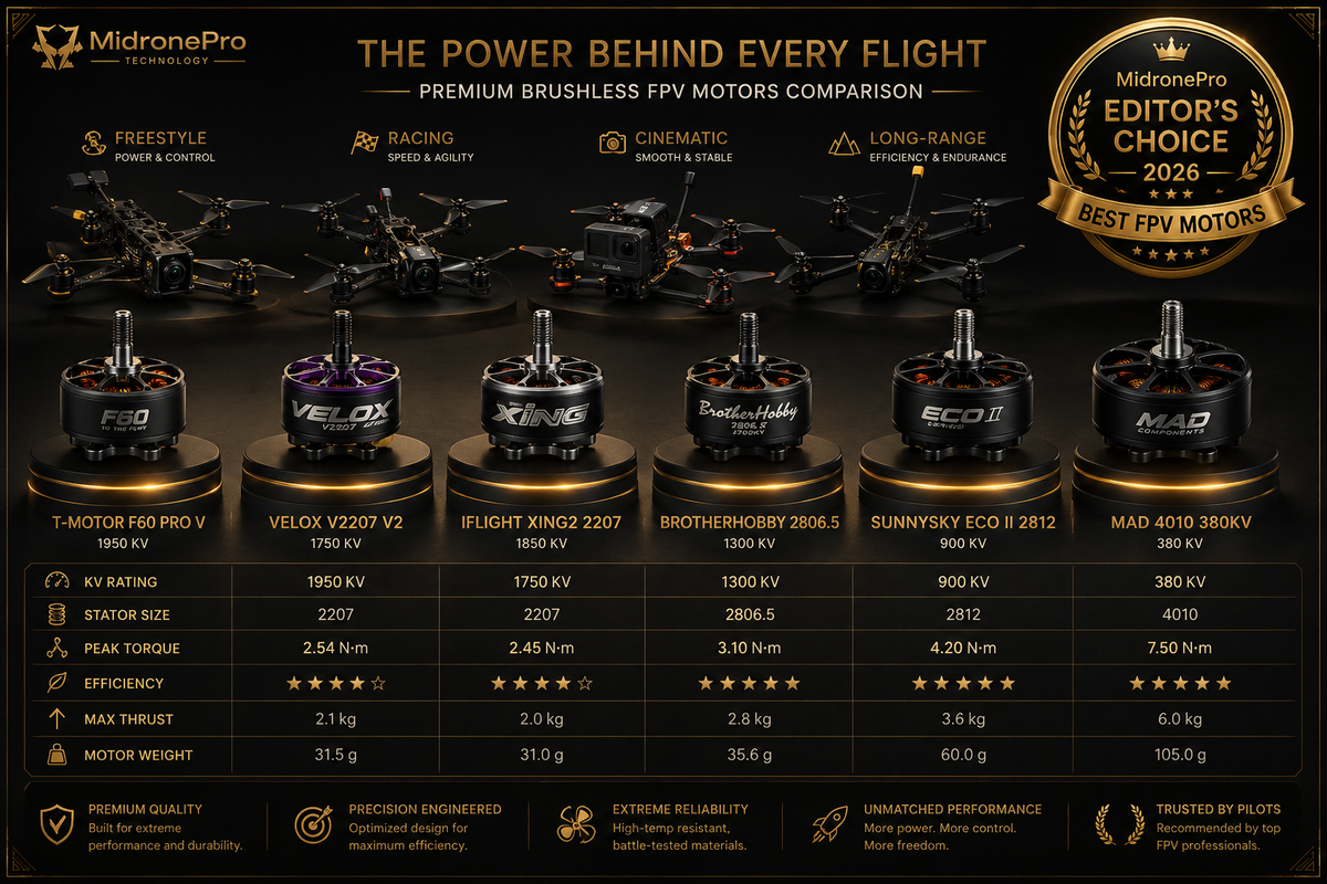 Premium collection of brushless FPV motors beside freestyle, racing, and long-range drones