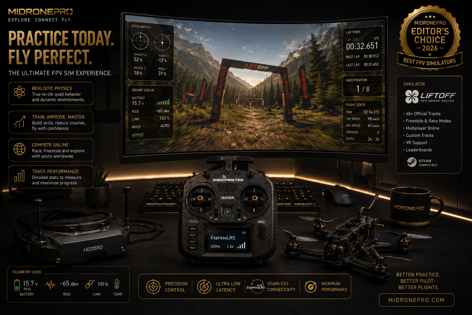 Premium gaming setup with FPV simulator displayed on a widescreen monitor beside a RadioMaster controller and FPV goggles