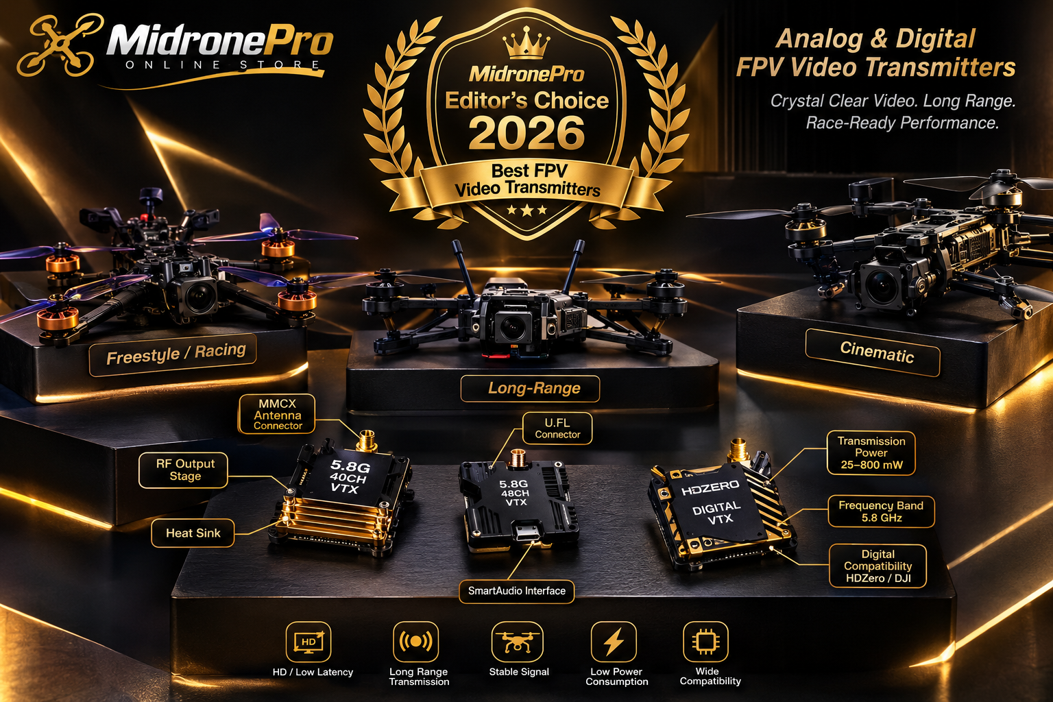 Premium collection of analog and digital FPV video transmitters displayed beside freestyle and long-range drones