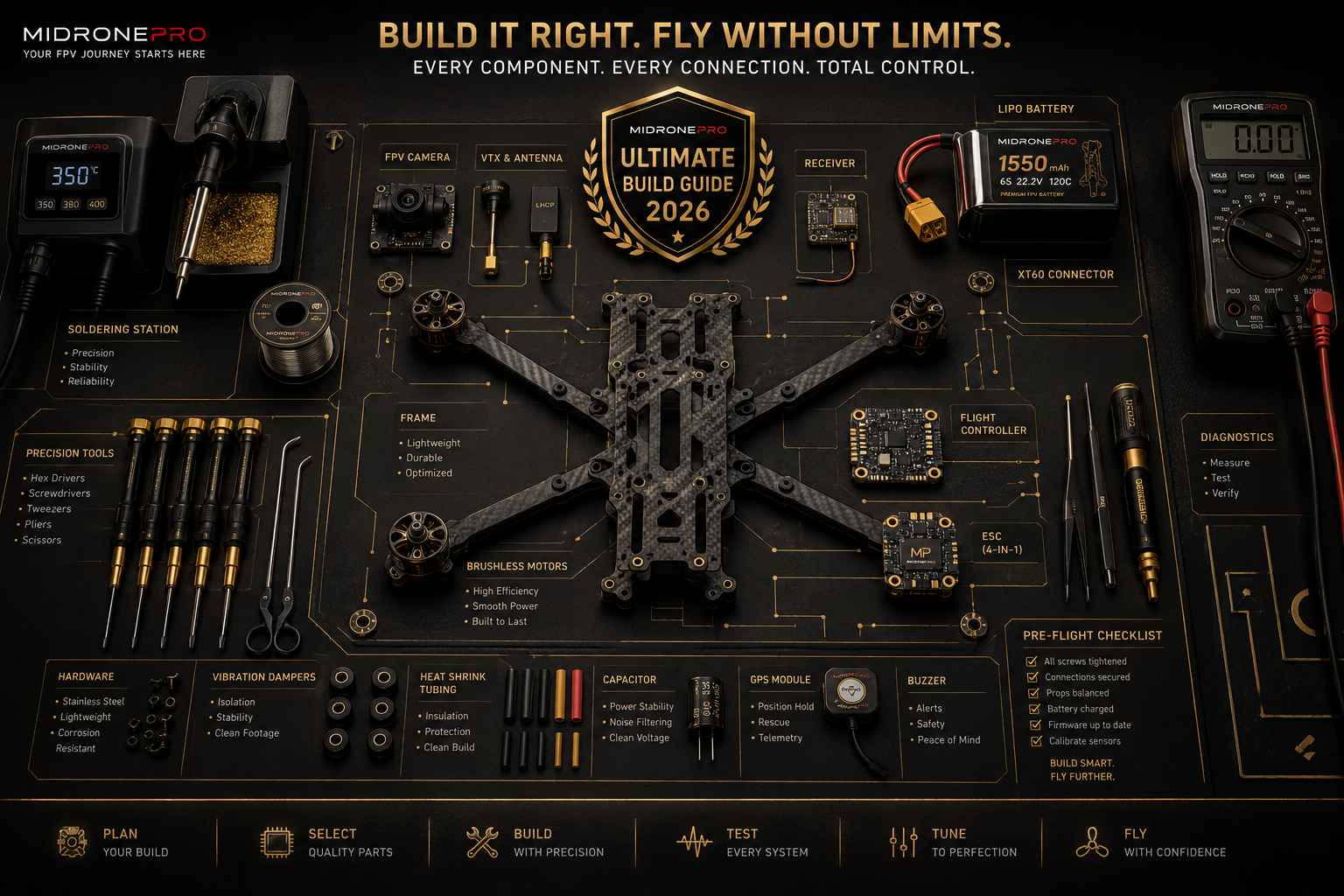 Professional FPV drone build workstation with organized components ready for assembly