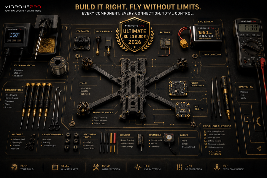 Professional FPV drone build workstation with organized components ready for assembly