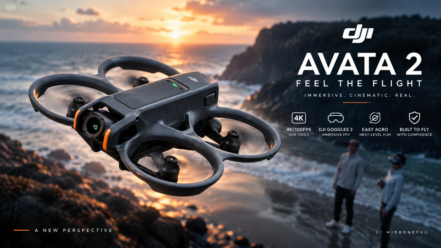 DJI Avata 2 FPV drone flying in a cinematic landscape