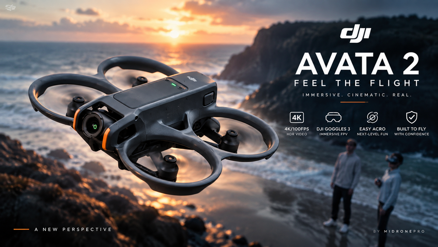 DJI Avata 2 FPV drone flying in a cinematic landscape