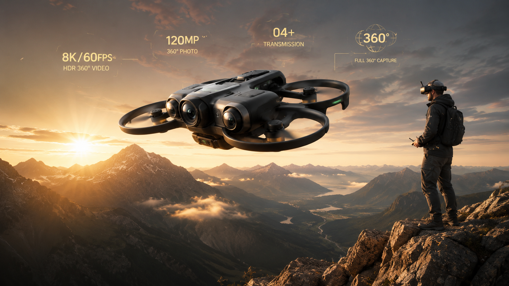 DJI Avata 360 8K 360° drone flying over mountains