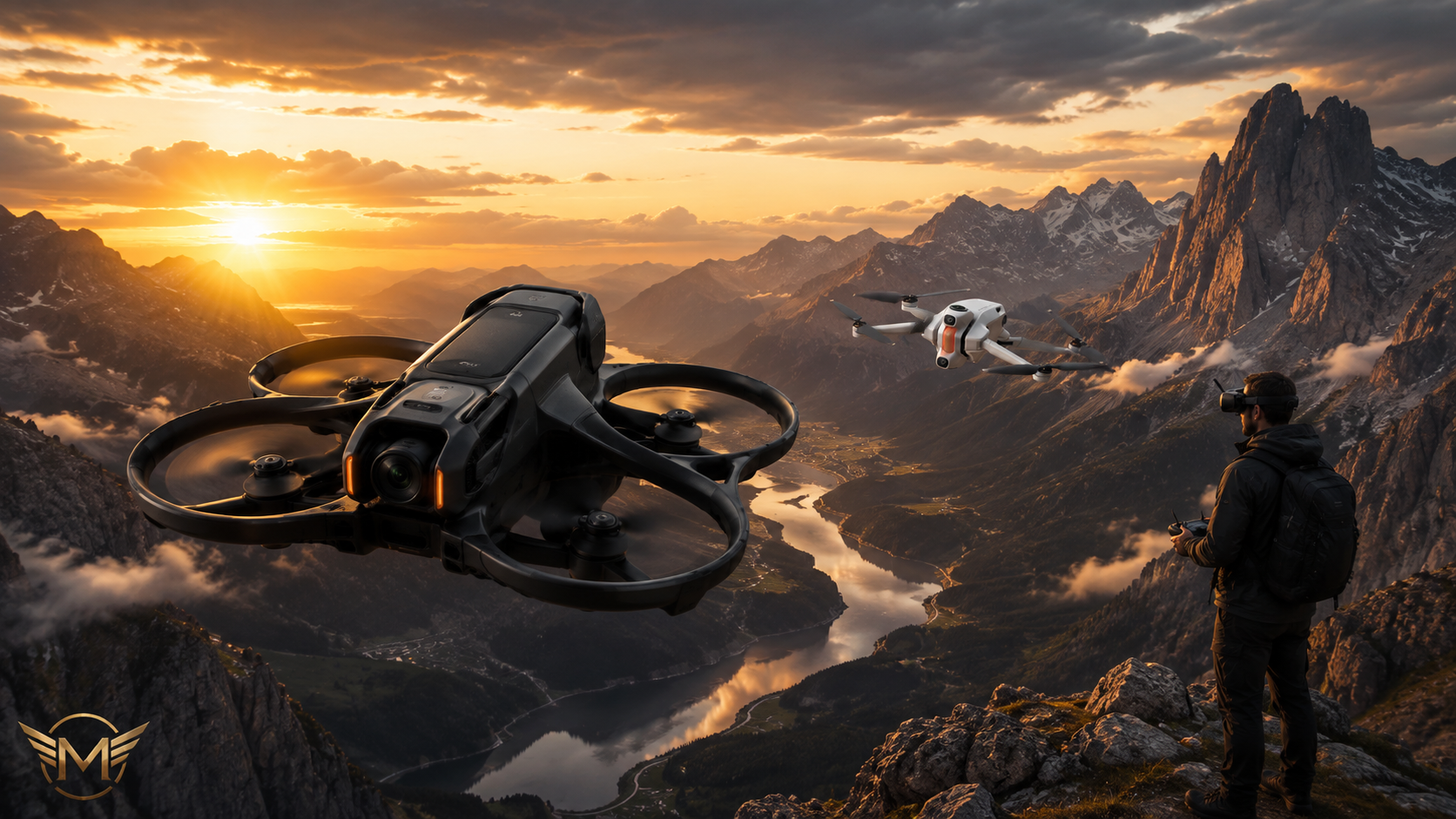 DJI Avata 360 and Antigravity A1 flying over a mountain landscape