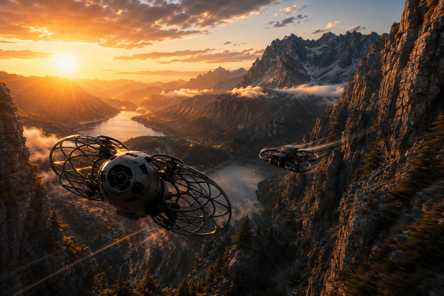 DJI Avata 360 and DJI Avata 2 flying through an alpine valley