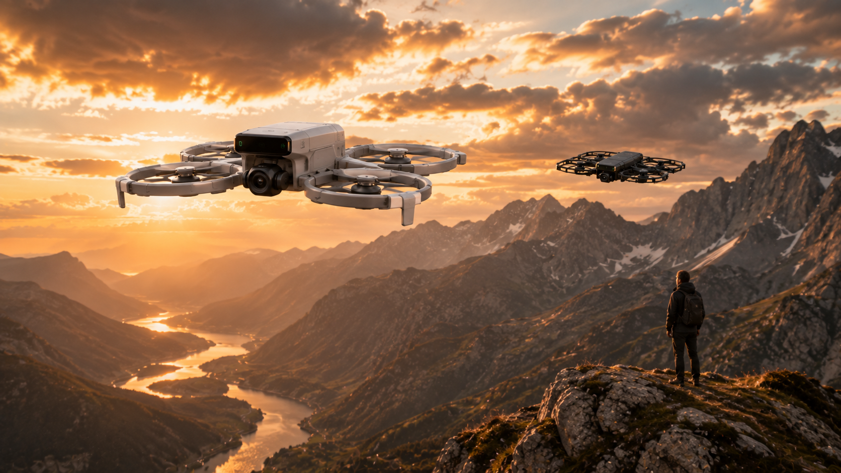 DJI Flip and HOVERAir X1 ProMax flying over an alpine landscape