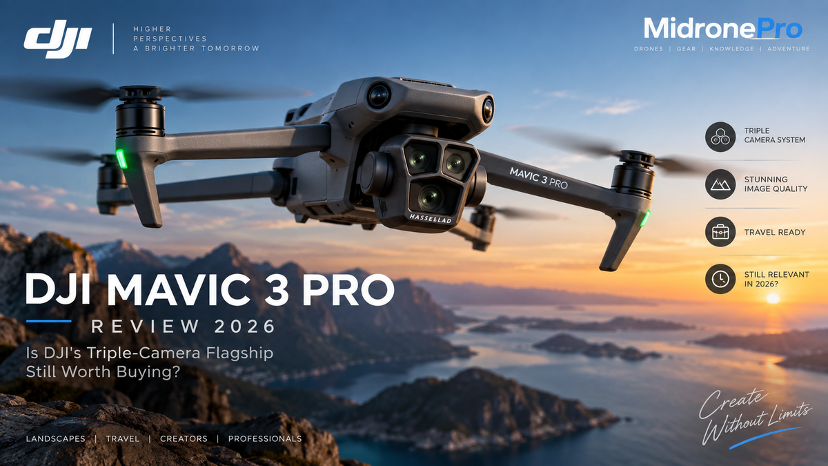 DJI Mavic 3 Pro triple-camera flagship drone flying over a dramatic landscape