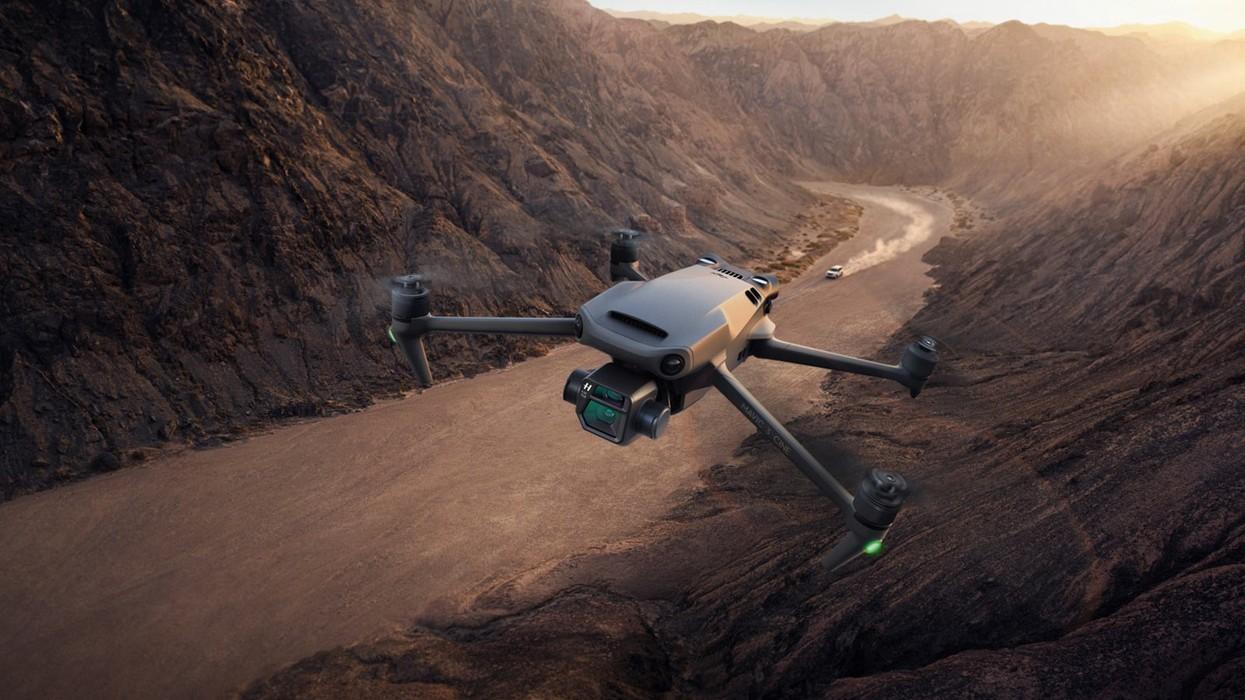 DJI Mavic 4 Pro flying over a cinematic river