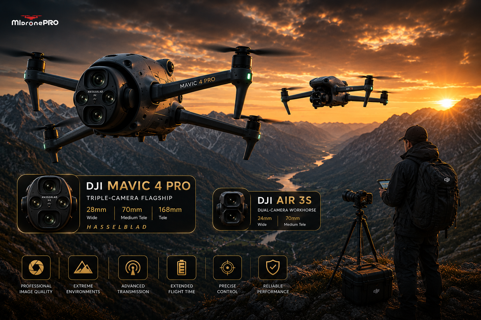 DJI Mavic 4 Pro and Air 3S compared over an alpine landscape
