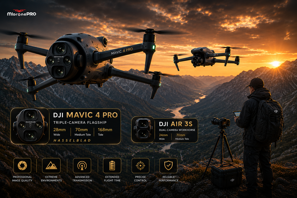 DJI Mavic 4 Pro and Air 3S compared over an alpine landscape