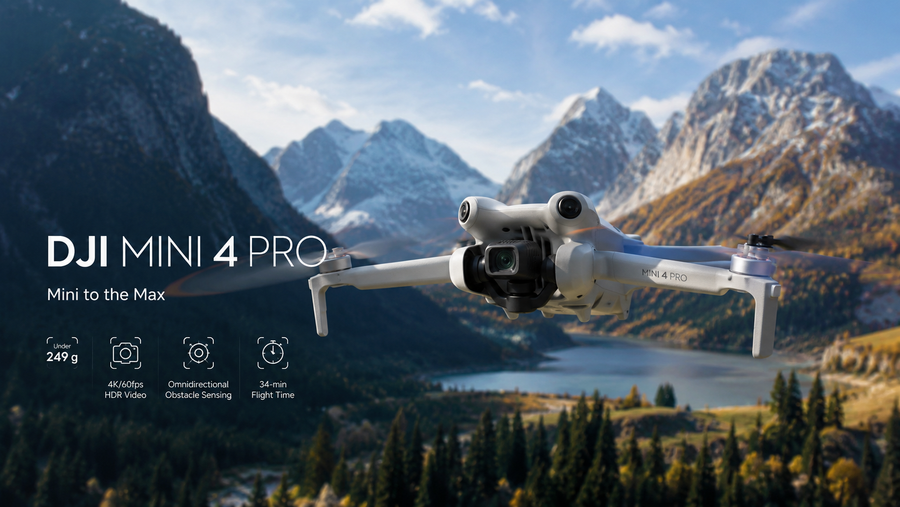 DJI Mini 4 Pro flying above a scenic landscape