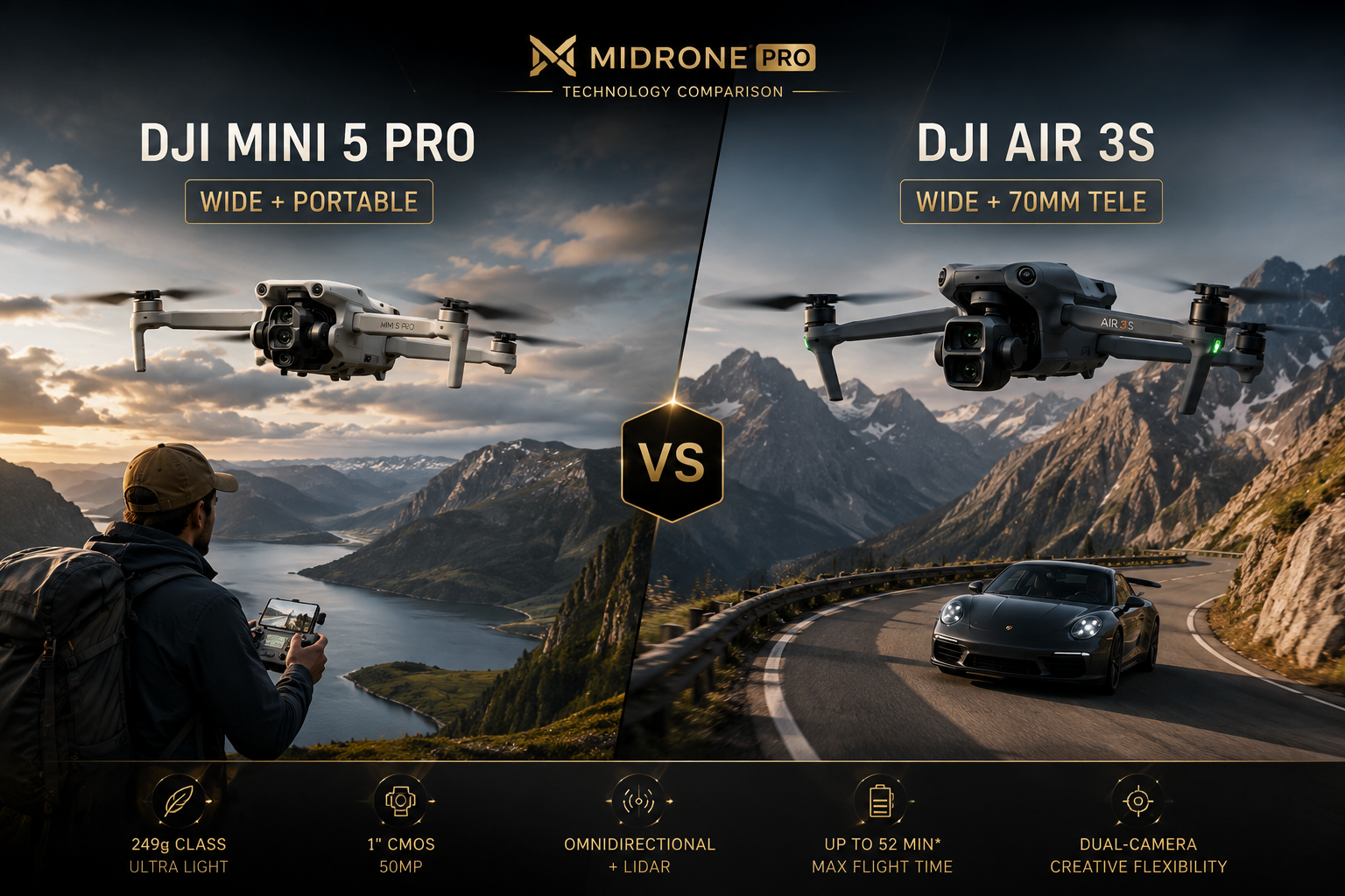 DJI Mini 5 Pro and DJI Air 3S compared during an alpine drone shoot