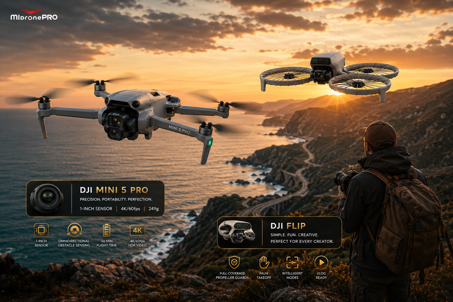DJI Mini 5 Pro and DJI Flip flying during a coastal travel shoot
