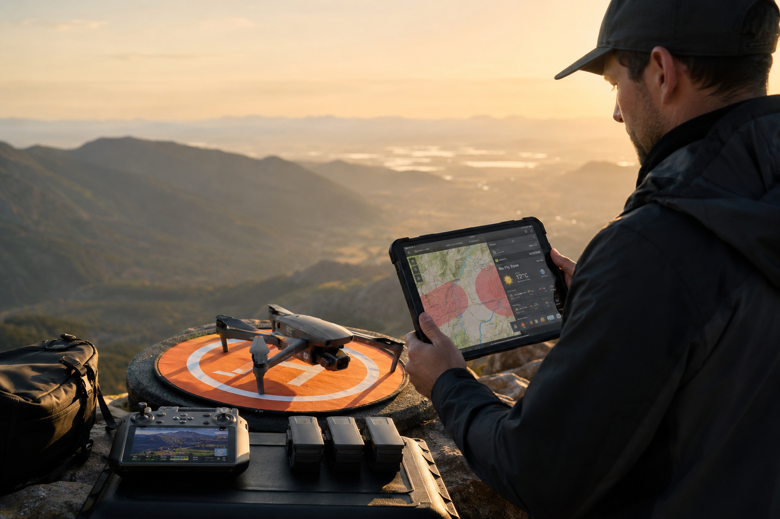 Professional drone pilot reviewing airspace restrictions before launching a drone in the mountains at sunrise