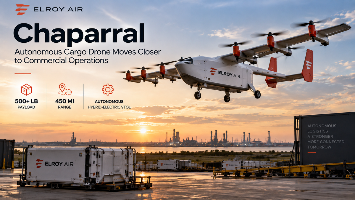 Elroy Air Chaparral autonomous hybrid-electric cargo drone flying over an industrial logistics site