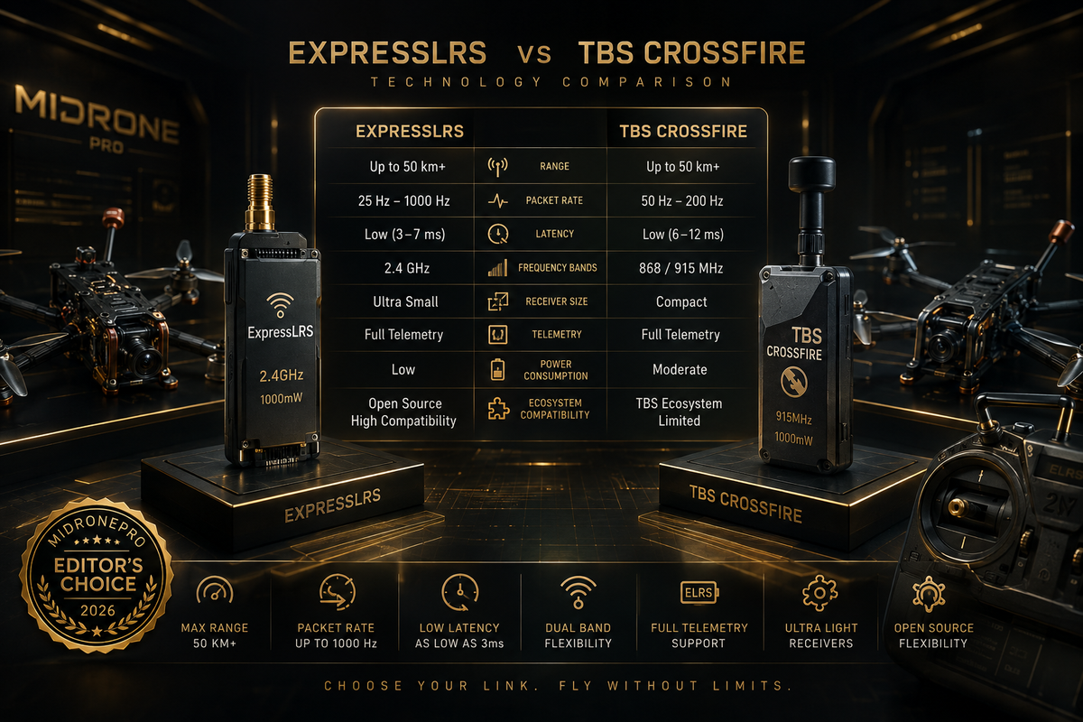 ELRS and TBS Crossfire radio systems displayed beside freestyle and long-range FPV drones
