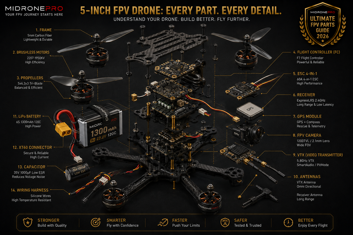 Premium exploded-view illustration of a modern FPV drone with every component labeled