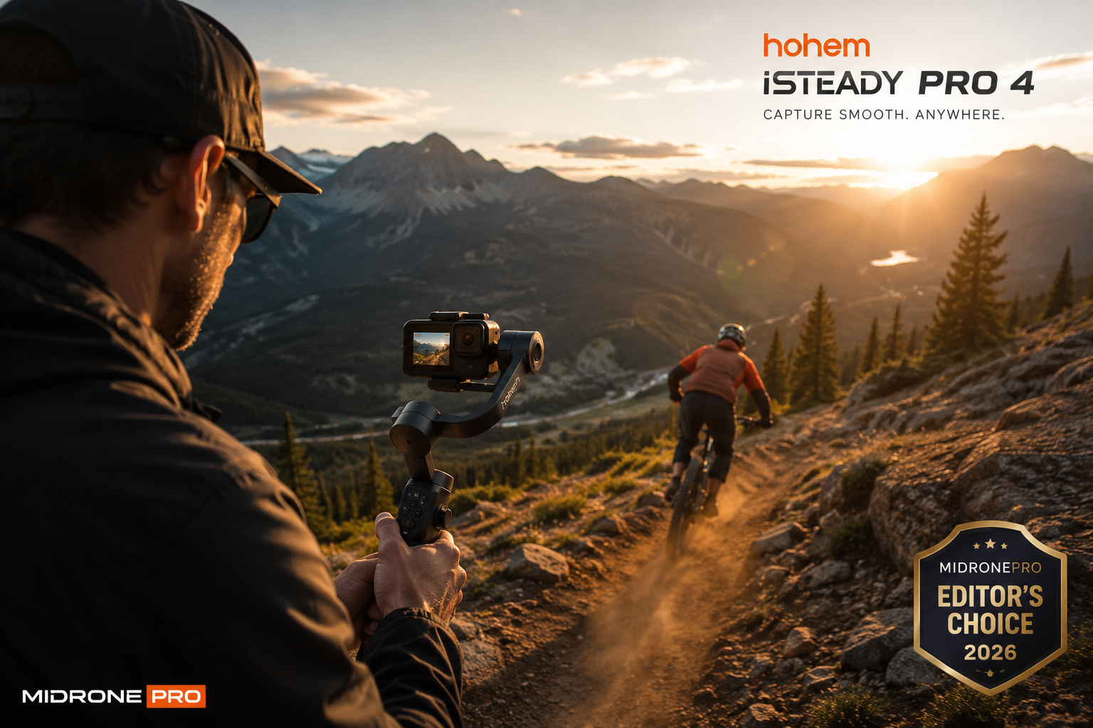 Hohem iSteady Pro 4 stabilizing a GoPro Hero during a mountain biking adventure at sunrise