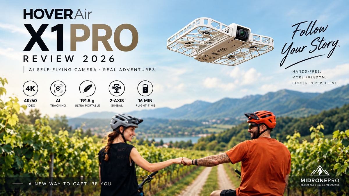 ALT: HOVERAir X1 Pro flying outdoors during an autonomous tracking shot