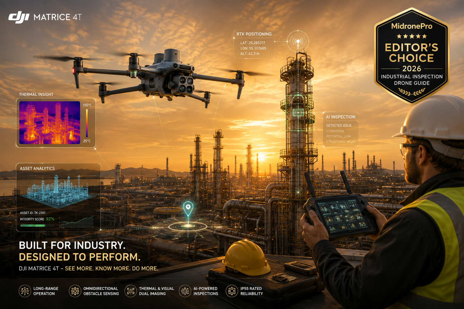 Enterprise inspection drone surveying an industrial refinery at sunrise