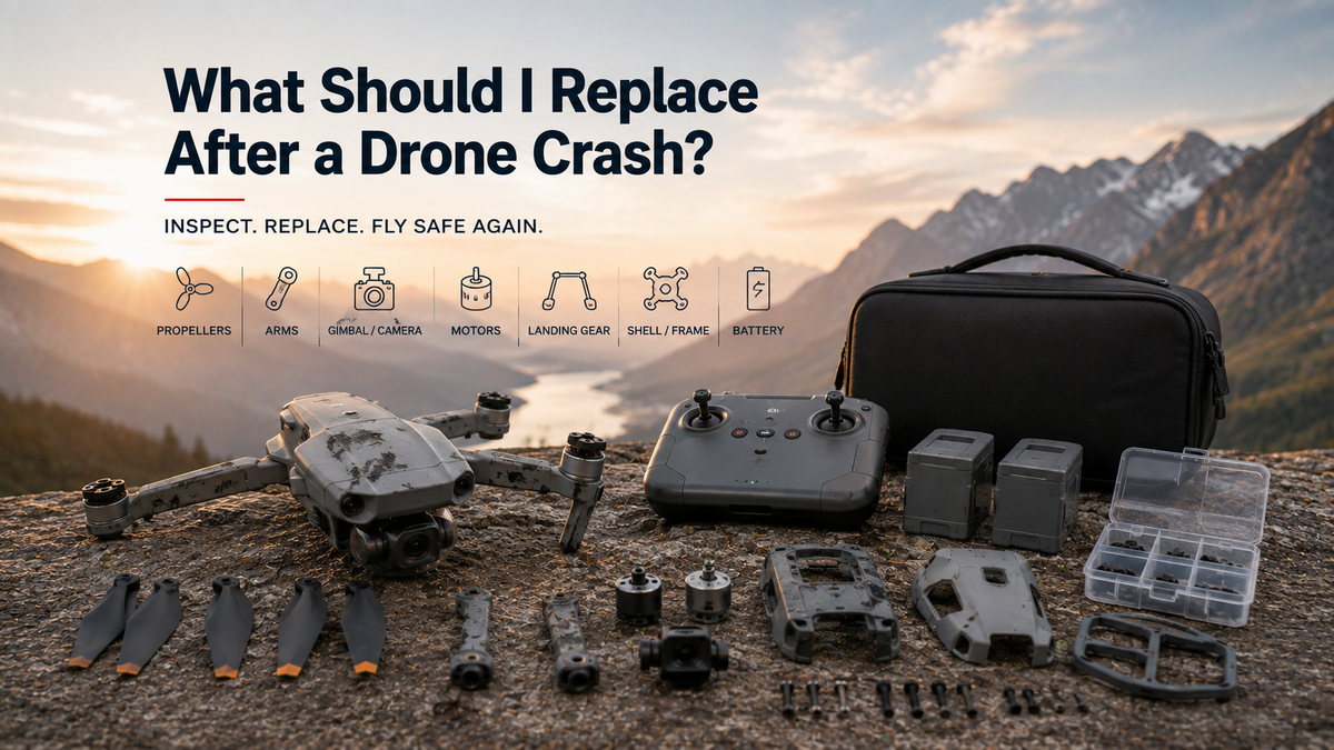 drone inspection after crash showing damaged propeller motor arm and battery