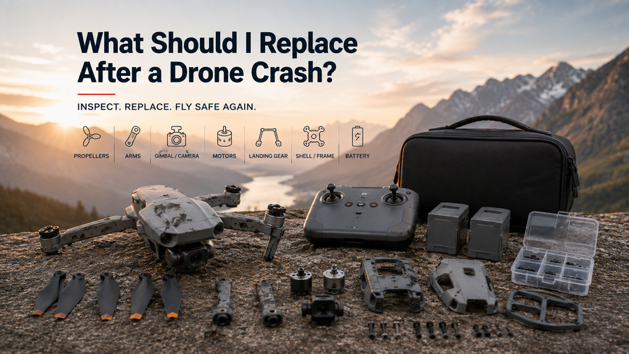 drone inspection after crash showing damaged propeller motor arm and battery
