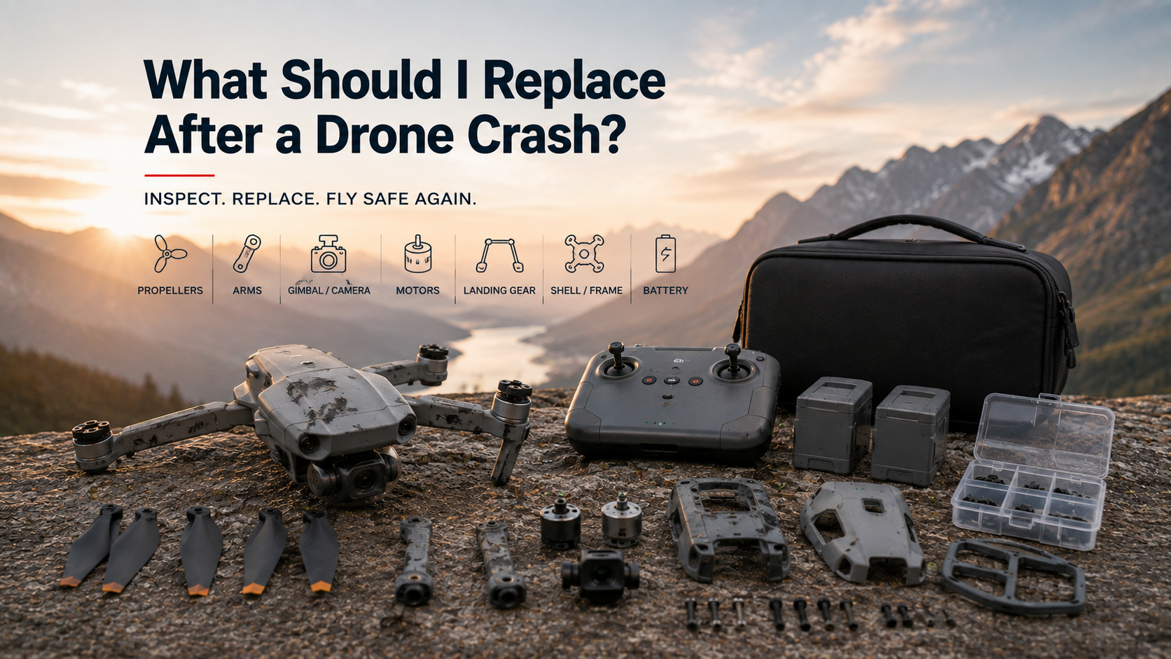drone inspection after crash showing damaged propeller motor arm and battery