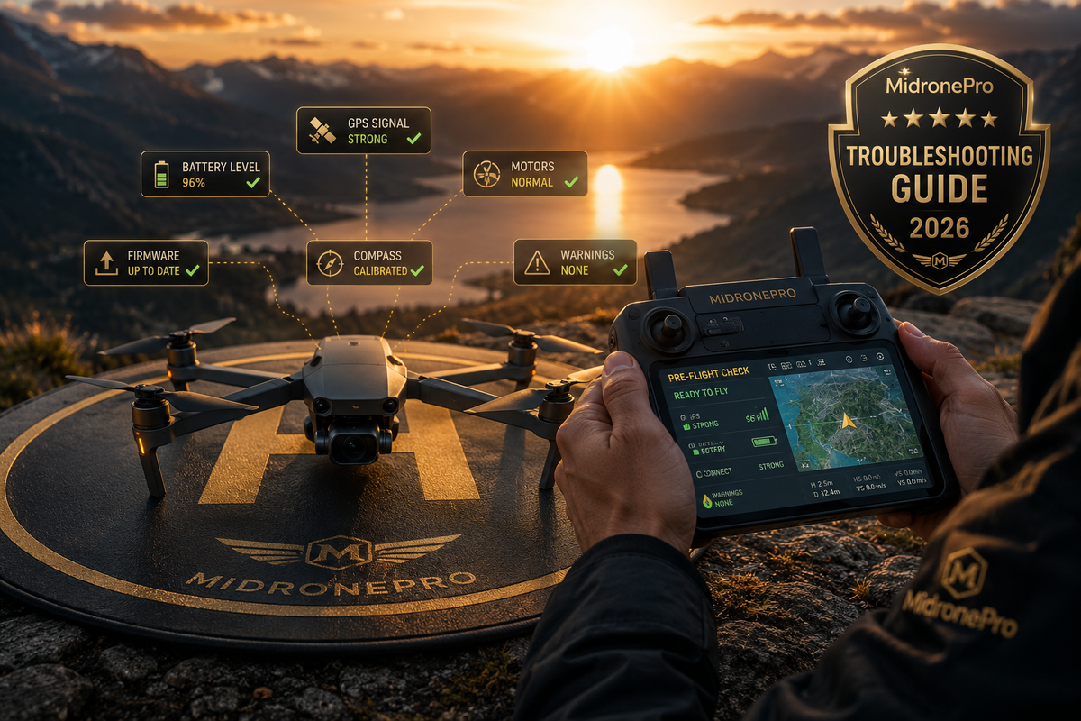 Professional camera drone refusing takeoff while controller displays warning messages before flight