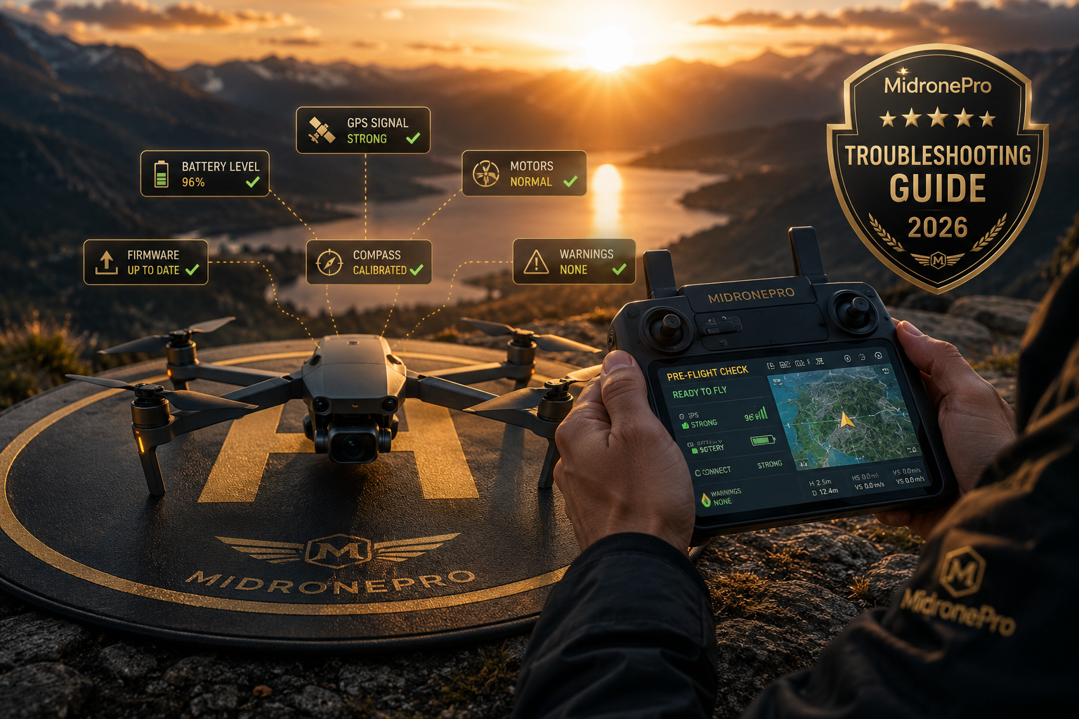 Professional camera drone refusing takeoff while controller displays warning messages before flight