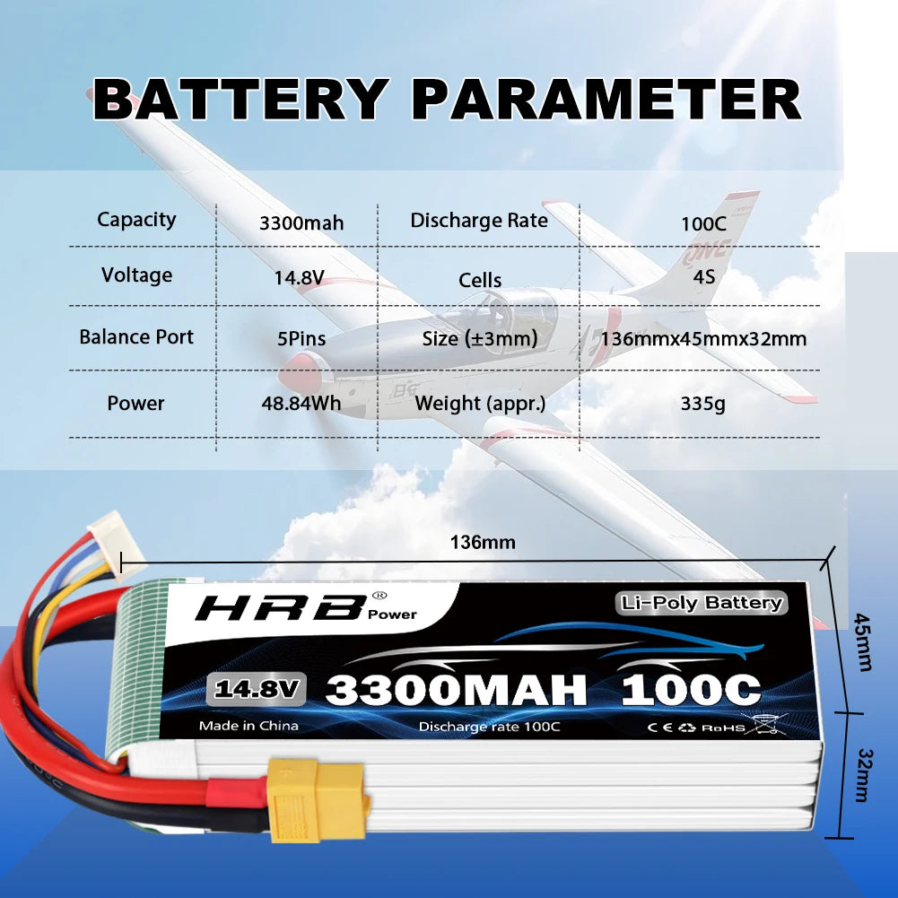 HRB 4S 14.8V 3300mah RC Lipo Battery 100C 4S Lipo With XT60 Connector for RC Car Truck Monster RC Airplane FPV Drones RC Boat