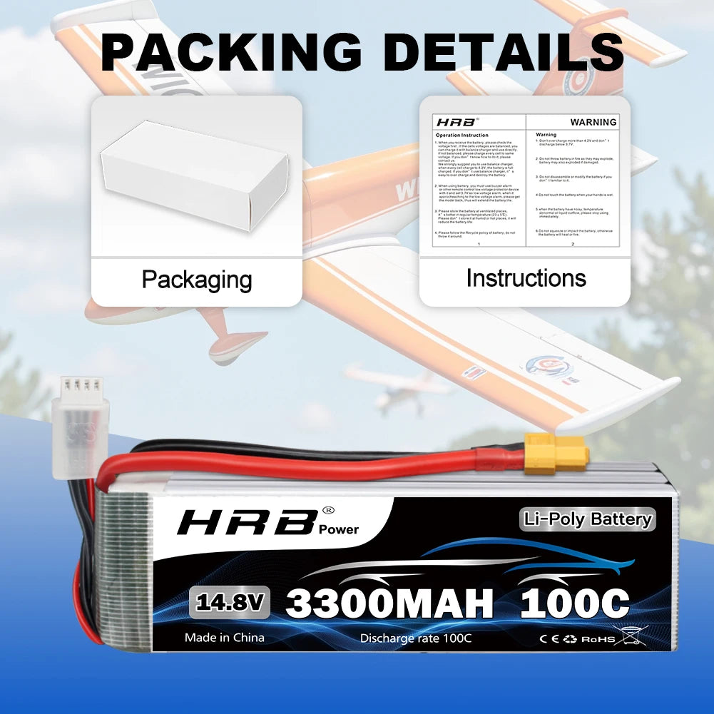 HRB 4S 14.8V 3300mah RC Lipo Battery 100C 4S Lipo With XT60 Connector for RC Car Truck Monster RC Airplane FPV Drones RC Boat