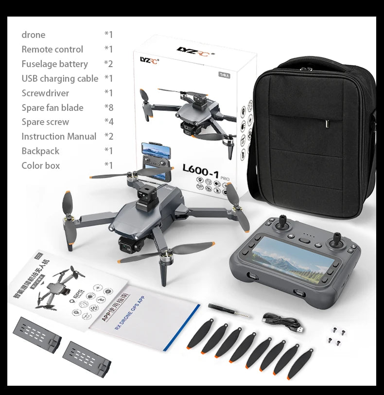 L600 PRO MAX GPS Drone Professional 8K HD Dual Camera 3-axis Gimbal Aerial Photography 2 Batteries 5G FPV Brushless Motor 360° Laser Avoiding Obstacle with Large Screen Remote Control Dron Folding Quadcopter RC Drones Toys G