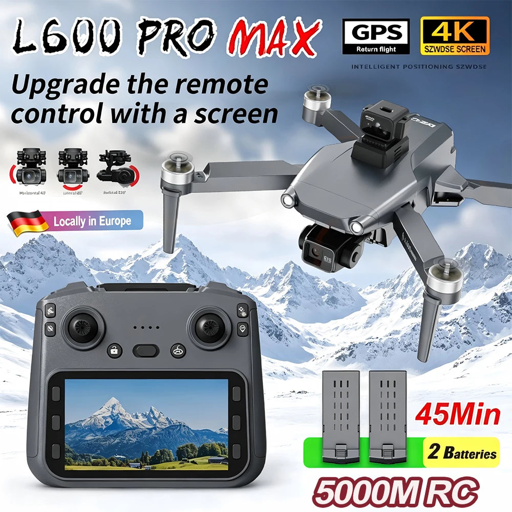 L600 PRO MAX GPS Drone Professional 8K HD Dual Camera 3-axis Gimbal Aerial Photography 2 Batteries 5G FPV Brushless Motor 360° Laser Avoiding Obstacle with Large Screen Remote Control Dron Folding Quadcopter RC Drones Toys G