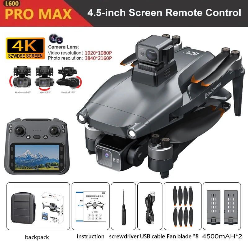 L600 PRO MAX GPS Drone Professional 8K HD Dual Camera 3-axis Gimbal Aerial Photography 2 Batteries 5G FPV Brushless Motor 360° Laser Avoiding Obstacle with Large Screen Remote Control Dron Folding Quadcopter RC Drones Toys G