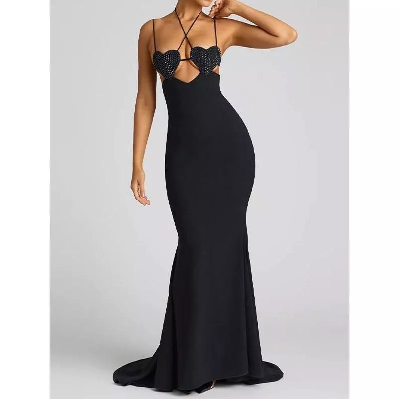 Sexy Shiny Heart Shape Sling Long Dresses For Women Fashion Hollow Out Backless Bodycon Dresses New Female Evening Party Vestido